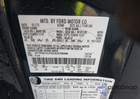 2012 Ford F-150 Lariat z USA, uszkodzony, nr VIN 1FTFW1CF0CKD35086